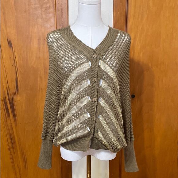 Miss Shop Olive Open Knit Cardigan Buttons Striped Metallic - Picture 1 of 10